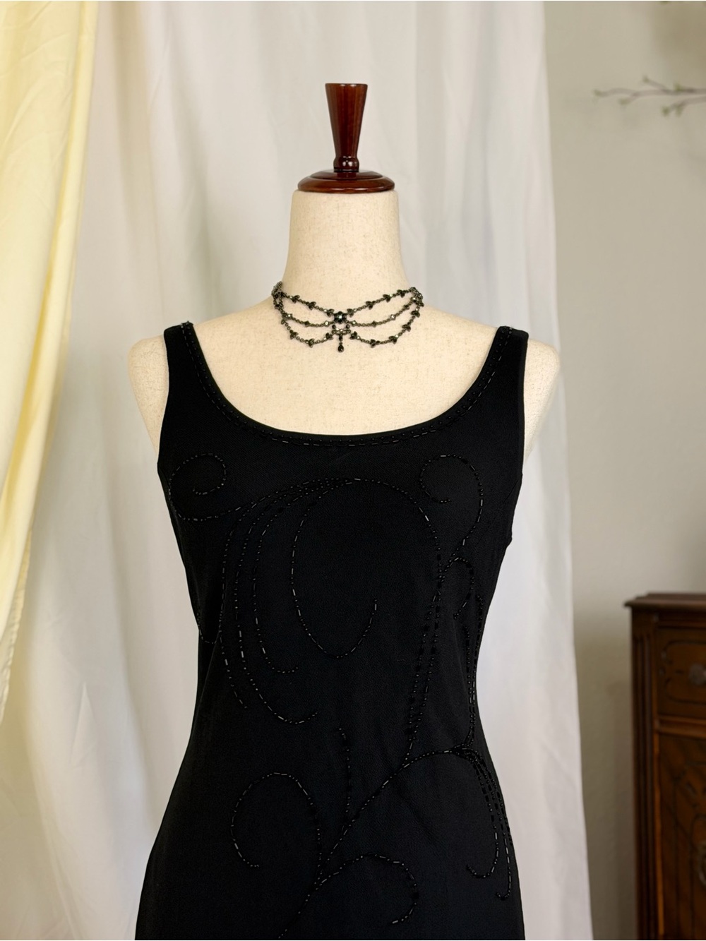 Robbie Bee Black Beaded Sleeveless Midi Dress Vintage 90s Goth - Picture 3 of 7